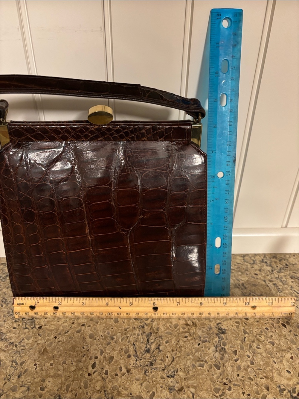 Vintage 1950s Dark Chocolate Alligator/ Croc-Embossed Leather Top-Handle Handbag - Picture 15 of 15